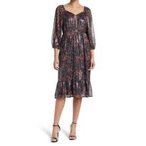 Collective Concepts Black Red Shimmery Midi Dress Elbow Sleeve Women’s Size M